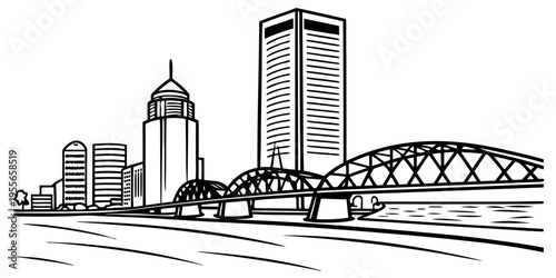 USA, US, U.S, United States - Jacksonville skyline river minimal svg simple line vector black white 
