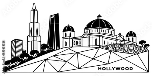 USA, US, U.S, United States - Los Angeles skyline Hollywood minimal svg geometric line vector black white