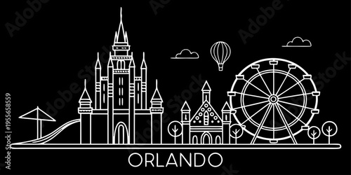 USA, US, U.S, United States - Orlando skyline theme park minimal svg simple line vector black white 