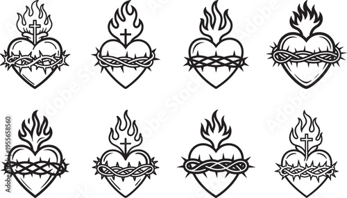 Line art of a jesus sacred heart icon collection, bold black strokes and stylized flowing flames religious symbol on white background.