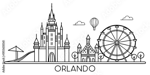 USA, US, U.S, United States - Orlando skyline theme park minimal svg simple line vector black white 