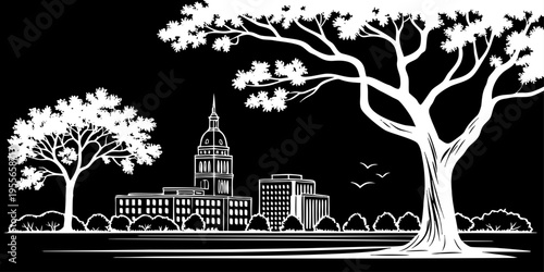 USA, US, U.S, United States - Savannah skyline oak trees minimal svg clean line vector black white