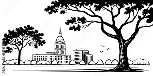 USA, US, U.S, United States - Savannah skyline oak trees minimal svg clean line vector black white