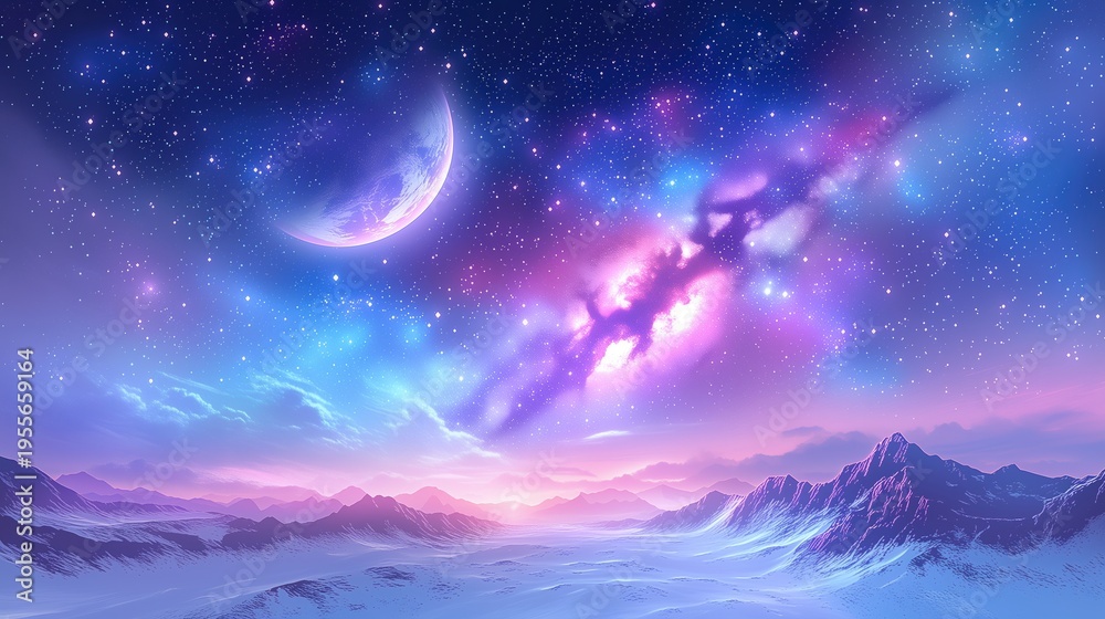 Fototapeta premium Vast alien landscape under a vibrant nebula and moon, digital art