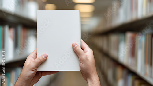 Wallpaper Mural Hands hold clean white book cover mock-up against blurred library shelves, offering design space for titles, logos, or promotional content Torontodigital.ca