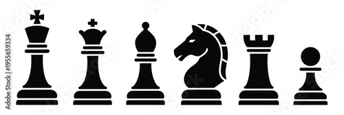 Chess set vector icons in black silhouette for board game illustration