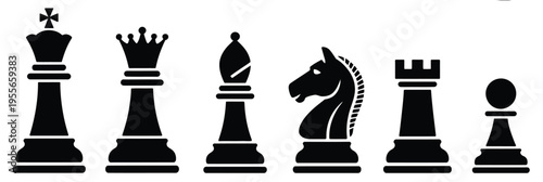 Black chess piece silhouettes with king, queen, rook, bishop, knight, pawn