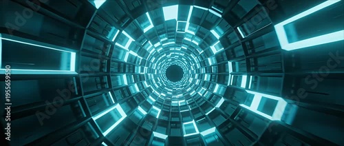 Futuristic tunnel neon light blue glow abstract background sci fi corridor digital vortex cyber space data stream smooth motion technology teal perspective glowing ring digital loop data center tech