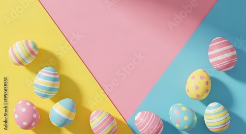 Colorful Easter eggs on pink, blue, and yellow background