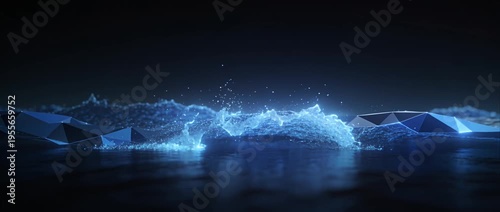 Abstract wave water polygon low poly futuristic ocean digital landscape blue glow night reflection smooth motion energy fantasy background 3d render technology fluid glowing splash cyber sea