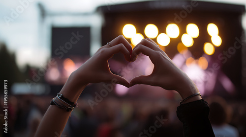 Wallpaper Mural Hands form a heart shape at concert venue, celebrating live music and community, with festive lights and crowd in background, bokeh effect Torontodigital.ca