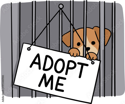 Linear style illustration of a cute puppy in a cage holding an adopt me sign on a transparent background with a hand drawn style