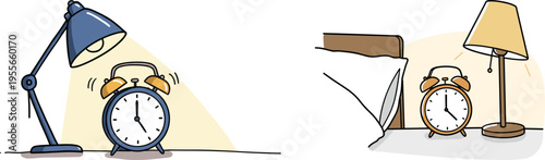 Linear style illustration of a vintage alarm clock on a bedside table with a table lamp and bed in a cozy indoor setting, hand drawn style, isolated on a transparent background