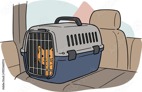 Linear style illustration of a cat inside a pet carrier in a car seat with a cozy interior on a transparent background