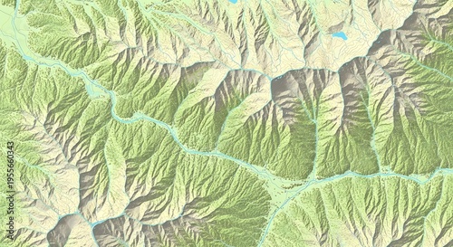 A detailed topographic map of a mountainous region with rivers and valleys