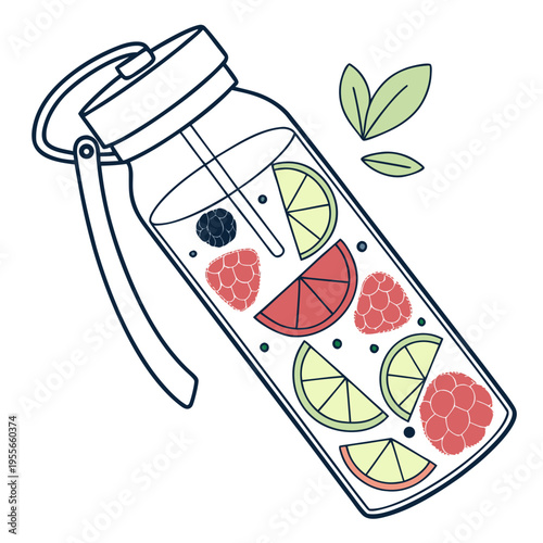 Reusable fruit infused water bottle isolated on white background vector illustration