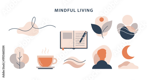 The serene scene depicts a person enjoying mindful living with coffee and a book.