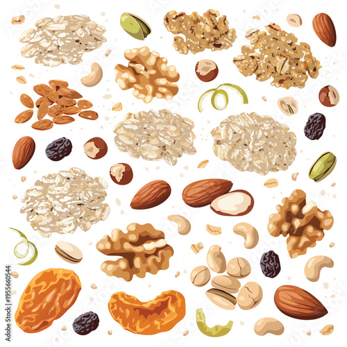 Photorealistic Granola Muesli Nuts and Dried Fruit Collection Set