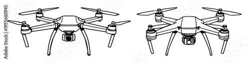 Drone quadcopter set with simple line outline illustration featuring aerial technology, transport, surveillance with black and white and minimalism