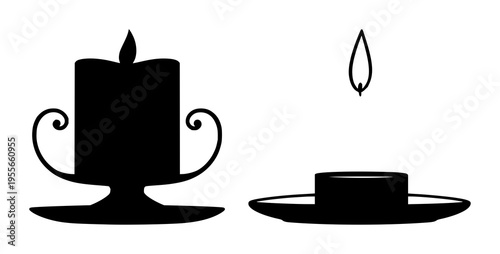 Candles set with single candle silhouette in holder featuring candle, holder, silhouette with black and white and decorative and ornamental