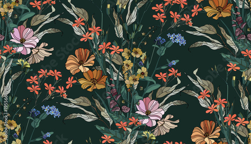 Flowers and leaves in vintage style, seamless pattern.	
