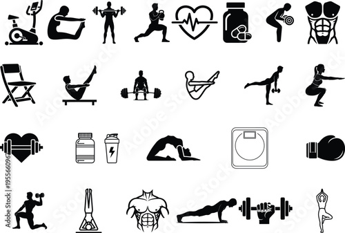 Black silhouettes of fitness icons and symbols on white background