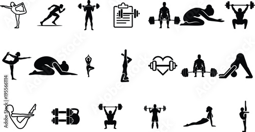 black silhouettes of people exercising with dumbbells and weights