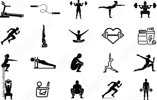 Black silhouettes of people exercising with gym equipment and fitness icons