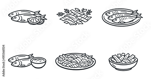 Prepared fish dishes and plated servings on dark gradient background