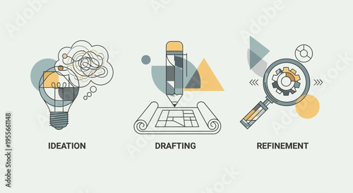 Creative process depicted through ideation drafting and refinement stages