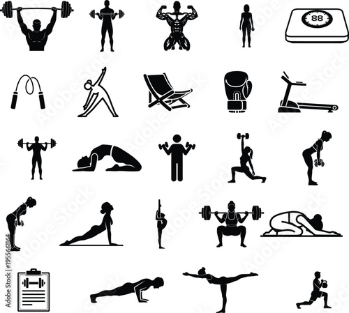 Black silhouettes of people exercising with gym equipment and weights on white background