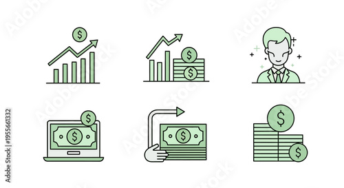 Financial icons with money and graphs.