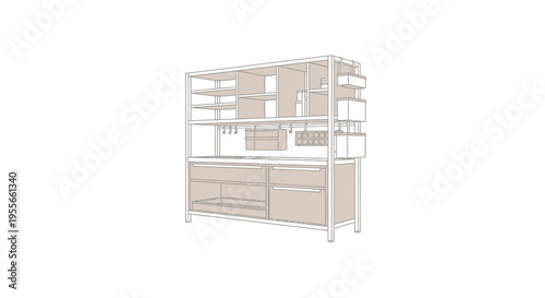 Modern kitchen shelving unit with cabinets.