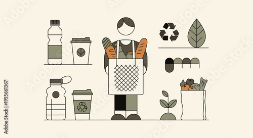 A person holds bread and stands among various eco-friendly household items and food containers on shelves.