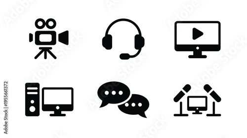 Video production and streaming black icons for communication tools