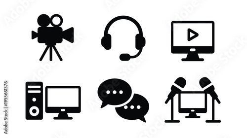 Black icons for video creation, streaming, and media communication