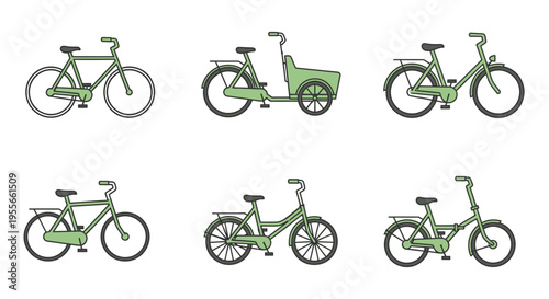 Green bicycles in various styles shown.