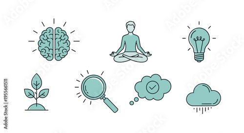 Mindfulness meditation and mental clarity icons.