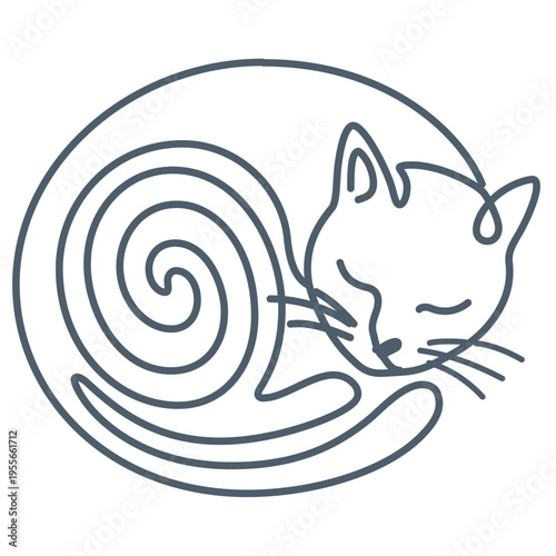 Sleeping Cat Curled Up Continuous Line Art, Zen Minimalist Pet Vector. Peaceful illustration of a sleeping cat curled into a circle, drawn with one unbroken line. Minimalist scribble style 