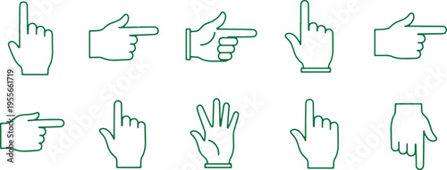Collection of hand signs and finger pointing gestures in simple line art style