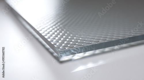 Reflective textured glass panel close-up, showcasing a stylish, patterned surface, ideal for architectural design, modern decor, and technical backgrounds