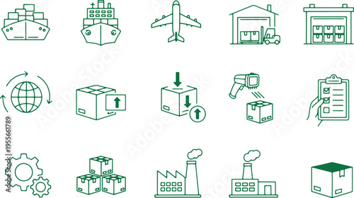Illustrations depicting various stages and methods of global logistics and supply chain operations