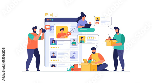 E-commerce & Digital Marketing Workflow: People Managing Online Content, Social Media, Product Photography, and Customer Reviews.