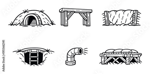 Various tunnel and fortification structures on dark background