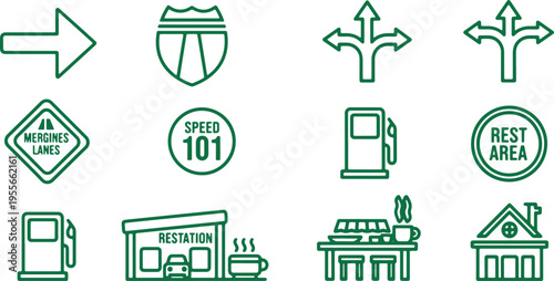 Collection of road and travel-related icons for navigation and services