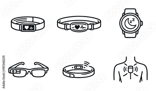 Wearable health trackers and smart glasses icons on dark background