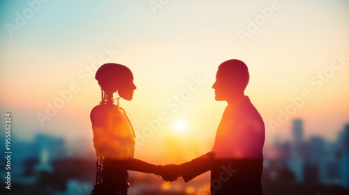 AGI partnership concept: human and humanoid robot handshake, superintelligence and recursive self-improvement future