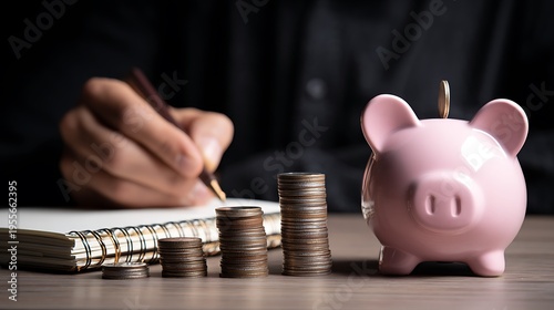 Close-up of a person writing in a notebook next to a pink piggy bank and stacks of coins