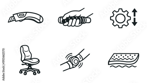 Office equipment and tools with chair and joint support icons