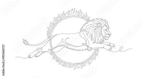 Lion Jumping Through Fiery Hoop Line Art - Circus Performance Concept